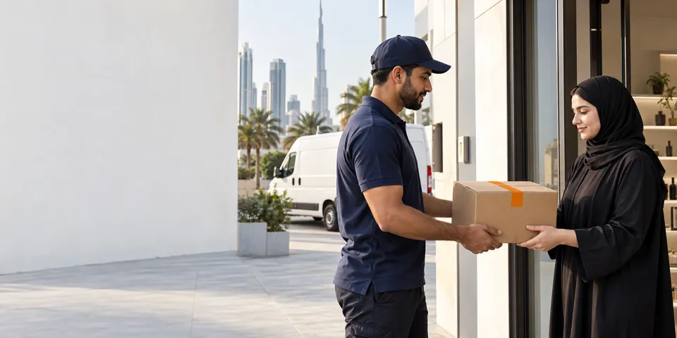 مندوب توصيل يسلّم طرداً إلى عميلة عند باب متجر في الإمارات